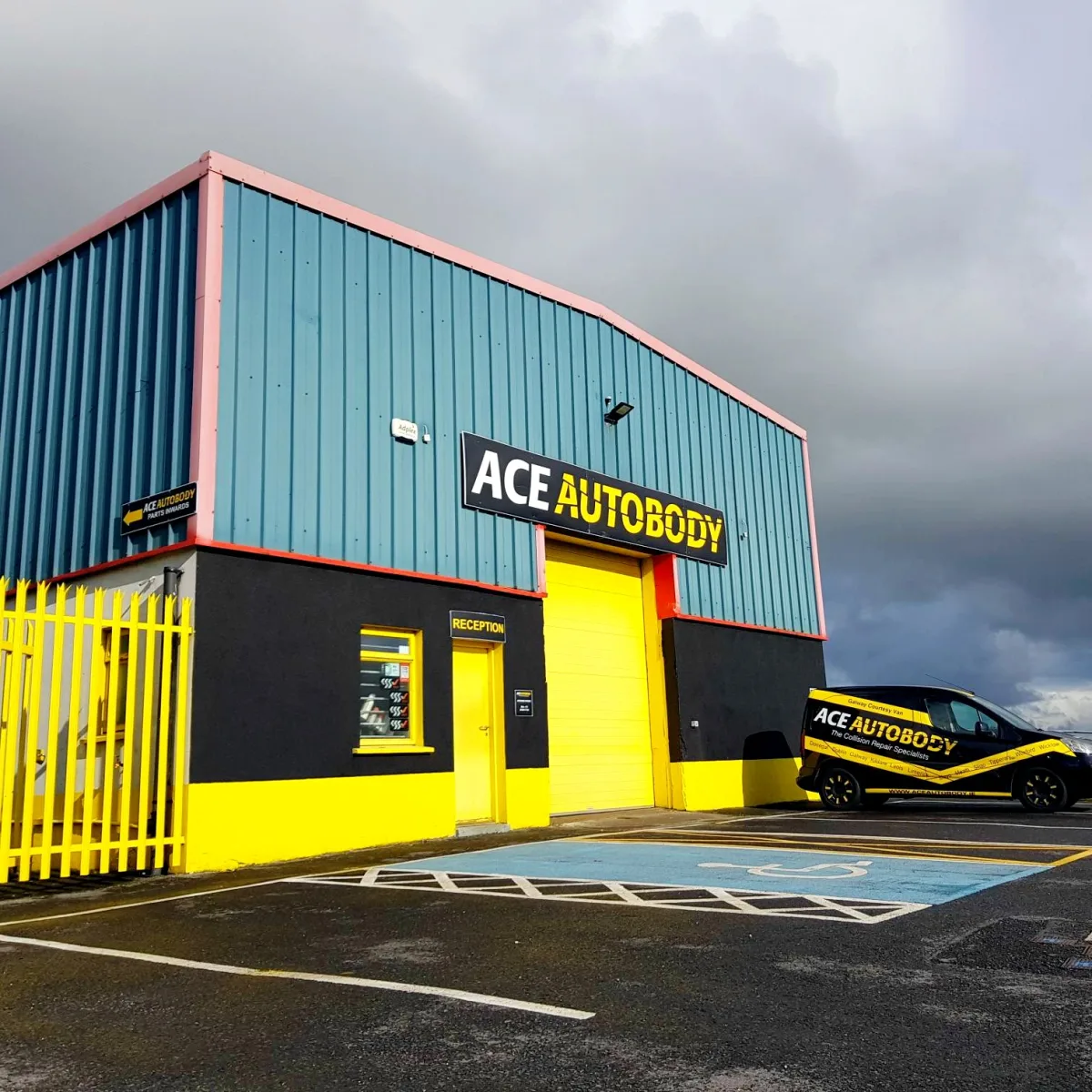 Exterior of the ACE Autobody Galway branch in Oranmore, with the workshop sign.