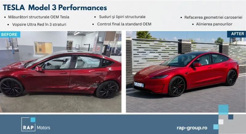 Tesla Model 3 до и после кузовного ремонта в RAP Motors.