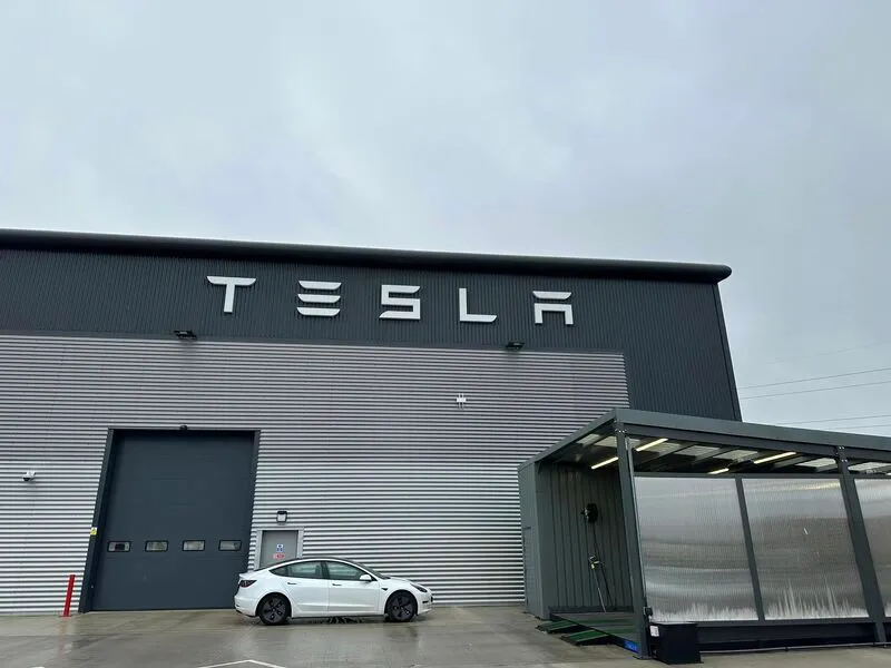 Tesla Sheffield showroom exterior and forecourt at Ergo Park.