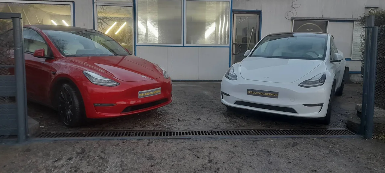 Две Tesla Model 3 с табличками Tesla Royal Service у здания сервиса в Софии; фото января 2024 года.