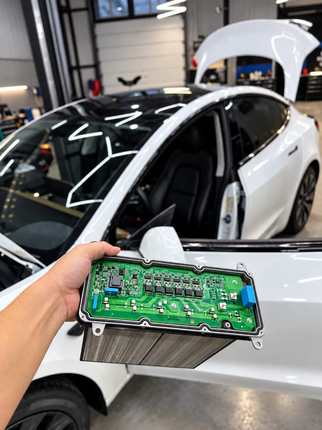 A removed electronic module with a Tesla Model 3 in the workshop behind it.