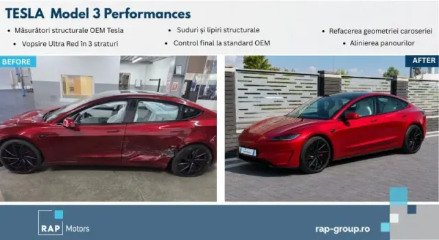 Tesla Model 3 înainte și după reparația de caroserie la RAP Motors.